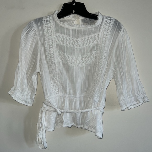 Hayden Tops - HAYDEN - SMALL WHITE ELASTIC WAIST W/ TIE BLOUSE EUC